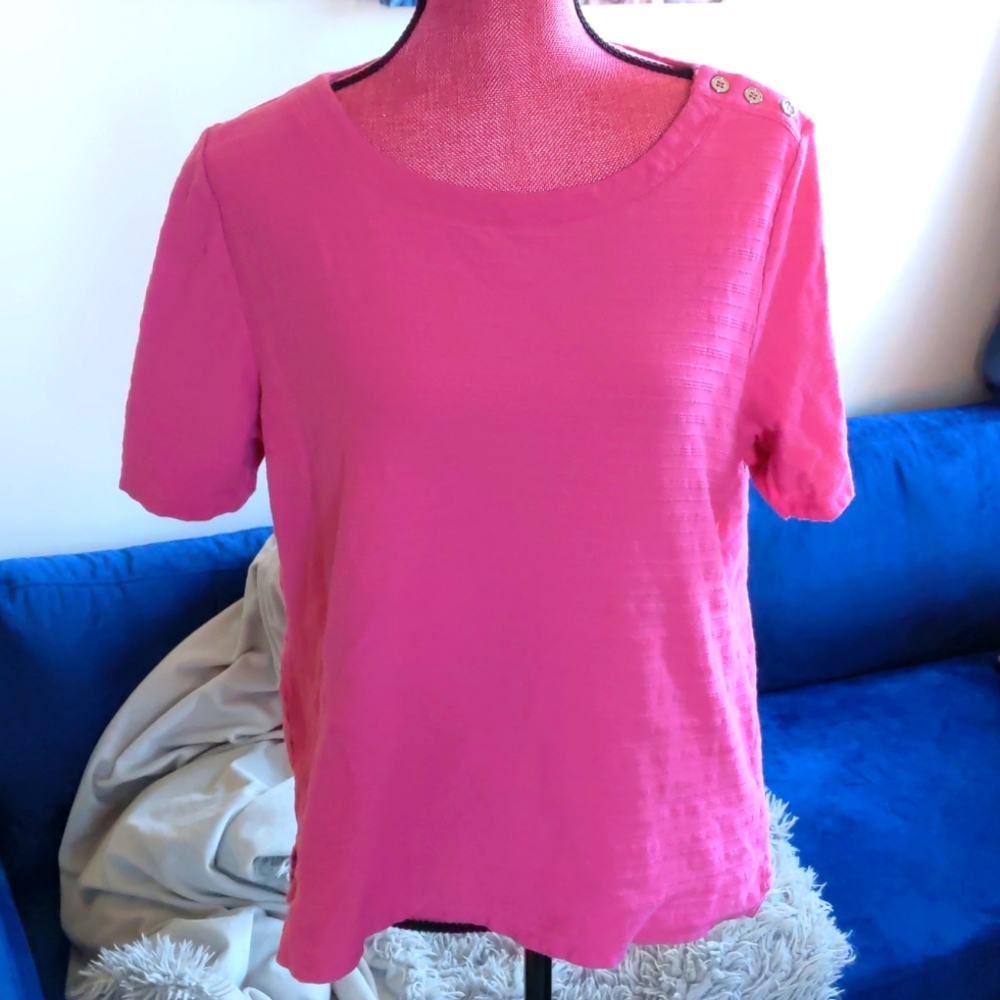 Talbots 100% Cotton Hot Pink Button Shoulder 3/4 Sleeve Textured Tee Petite XL